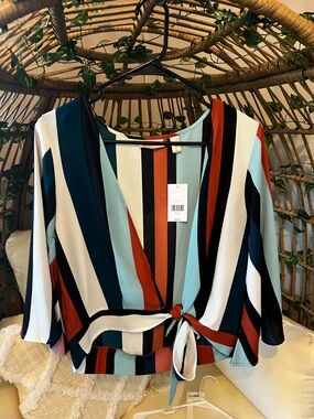 Striped Tie-Front Blouse in Teal, Rust, Black & Cream